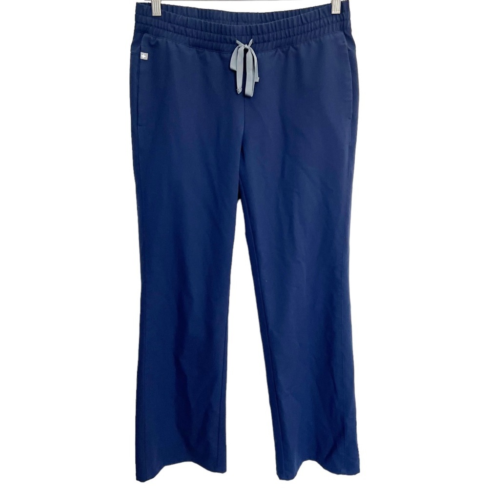 Figs Wide Leg Scrub Pants in Navy with Gray Drawstring